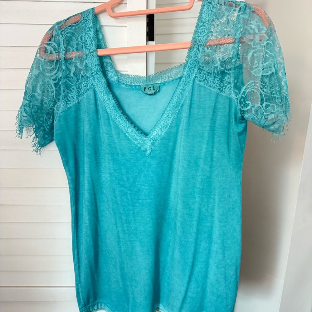 POL Blue Lace Short Sleeve Blouse